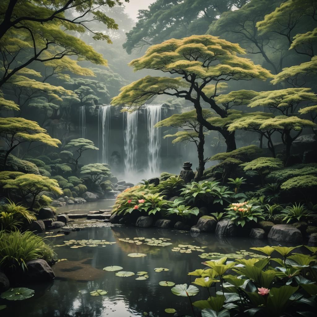 Cinematic Japanese Garden Waterfall in Anime Style