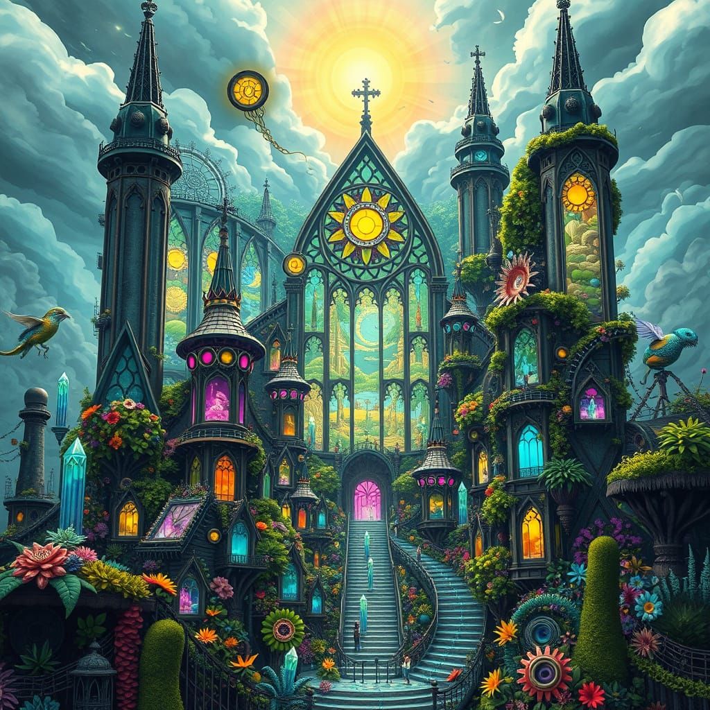 Alien Solarpunk Cathedral with Overgrown Cityscape