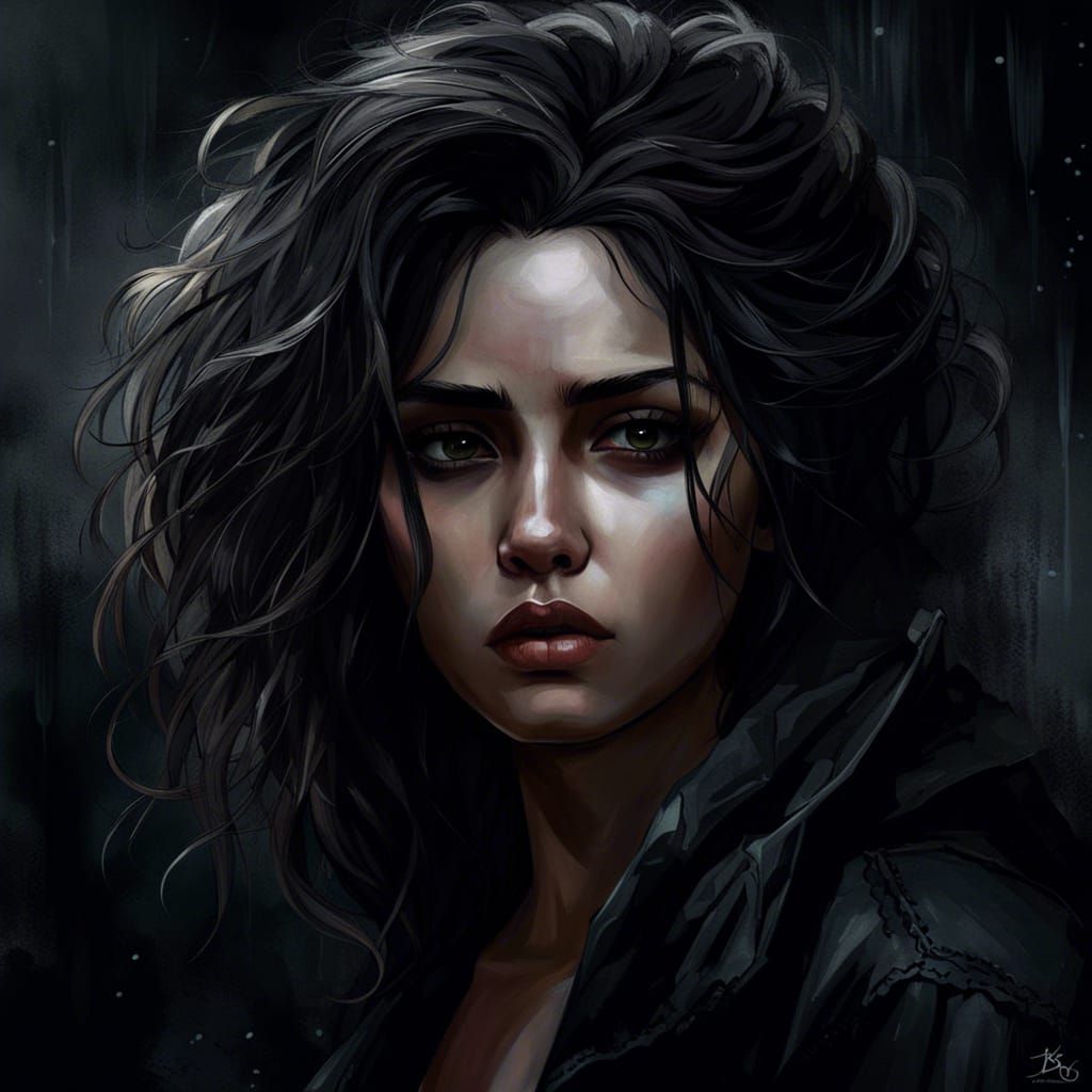 Melancholic Girl with Expressive Eyes, Digital Art