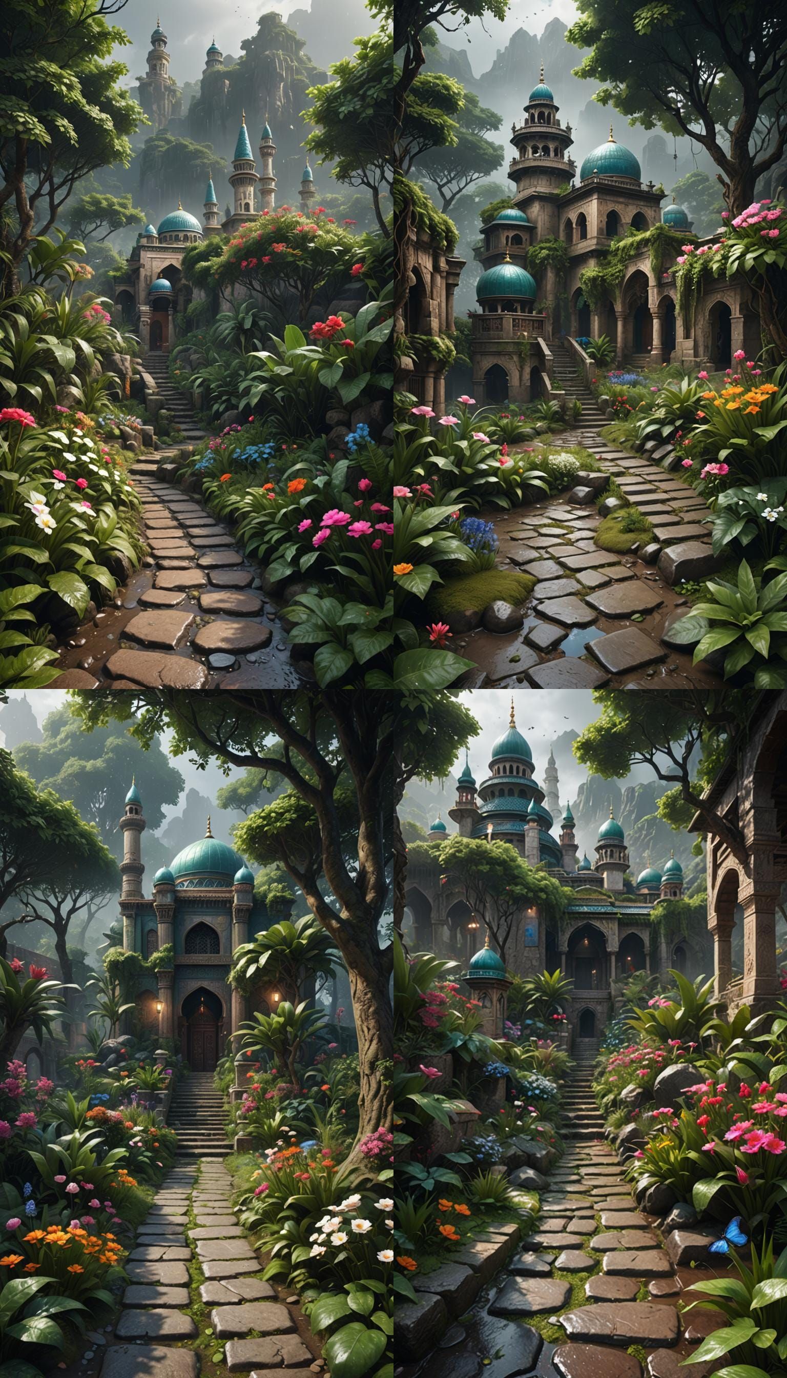Scenic Mosque Garden Path After Rain, Detailed Matte Paintin...