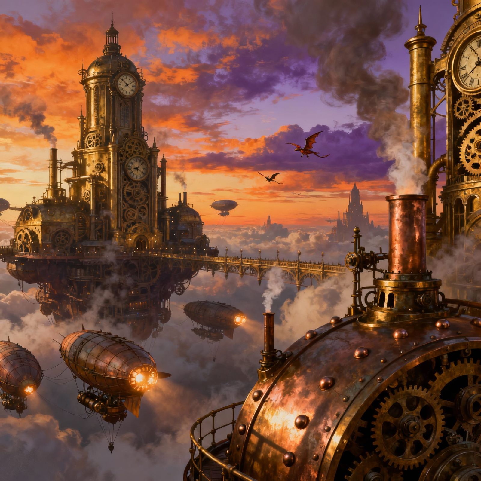 Steampunk City Floating in Sunset Sky