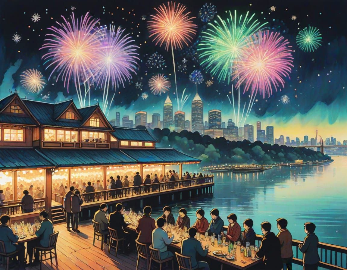 New Year's Eve Celebration in Vibrant Ink Manga Style