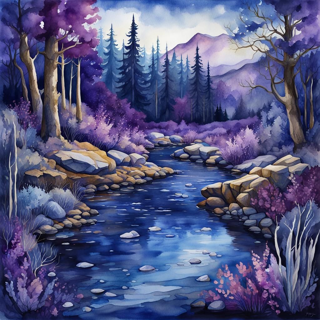 Blue and Purple Wilderness River Watercolour Illustration