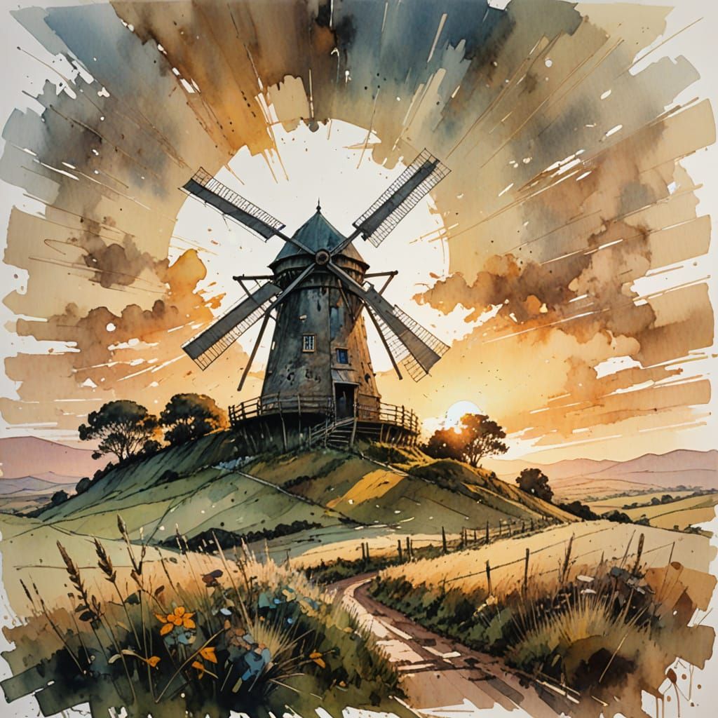 Whimsical Watercolor Windmill at Sunset