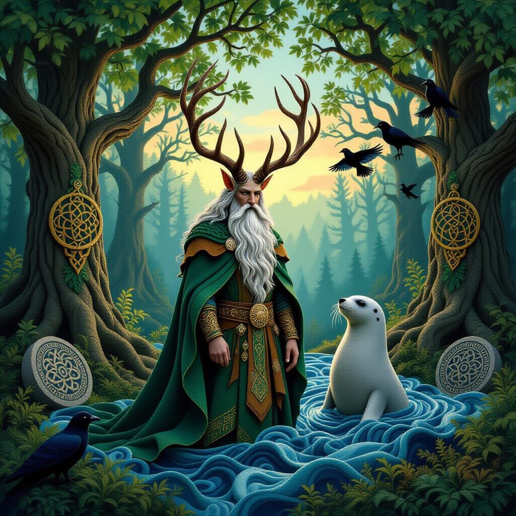 Mystical Celtic Forest Felt Artwork with Horned God
