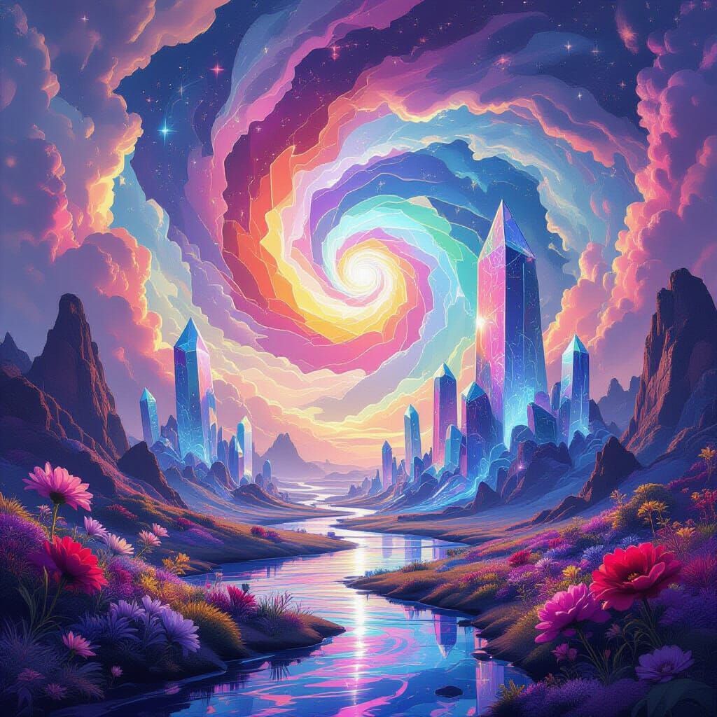 Surreal Dreamscape with Crystal Structures and Vibrant Sky