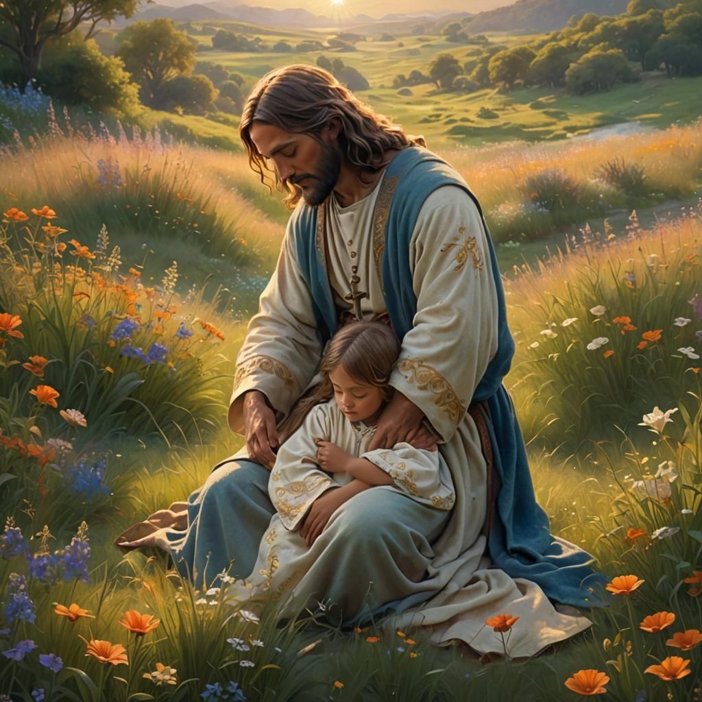 Jesus Comforts Child in Meadow, Ethereal Digital Art