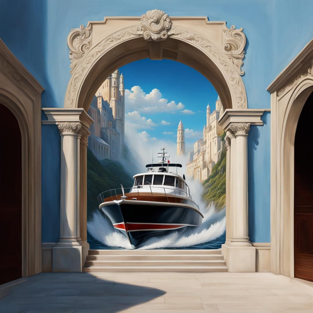 Speedboat Bursting from the Wall (Trompe l'oeil illusion)