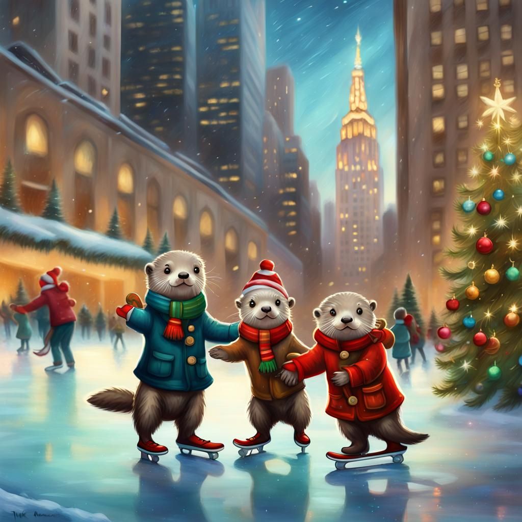 Cute otters dressed up in holiday winter clothes ice skating, in Rockefeller Center ice skating rink, during Christmas, ...
