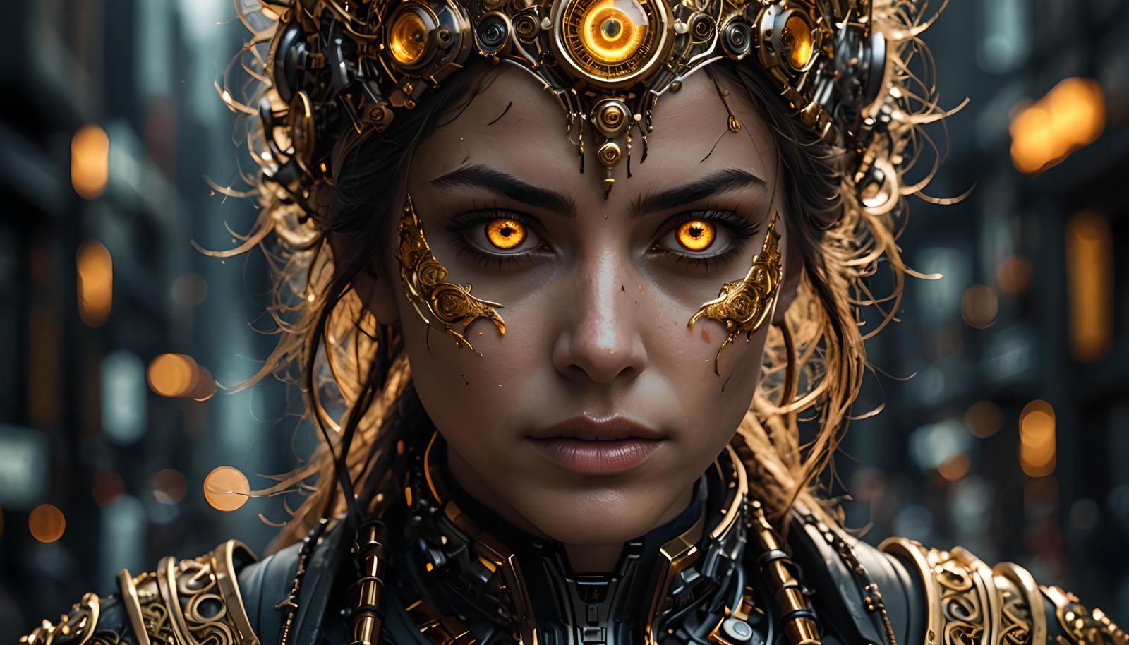 Biopunk Woman with Glowing Eyes, Hyperrealistic Portrait