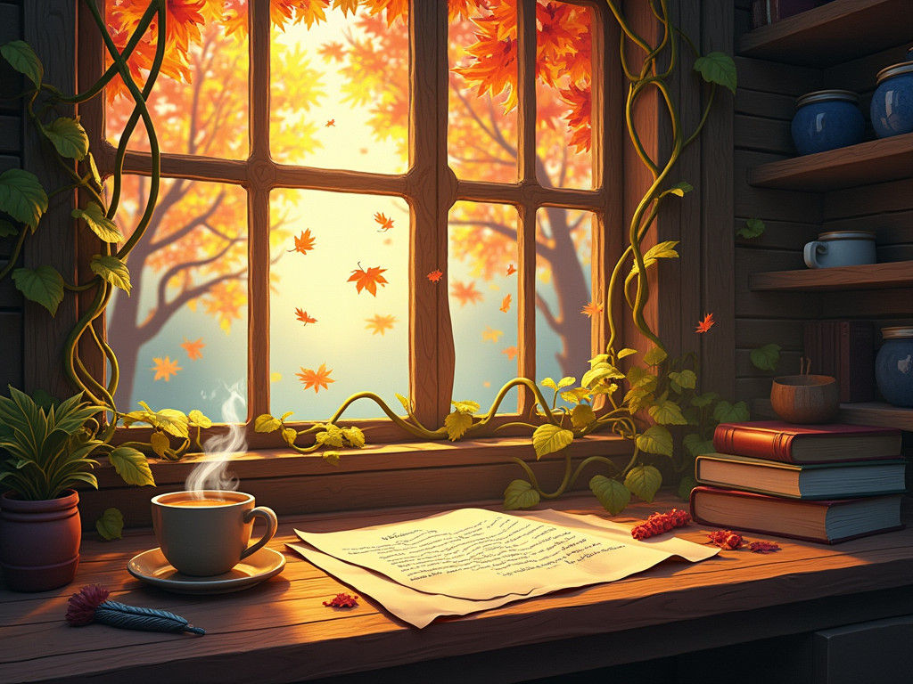 Cozy Fall Desk Scene with Coffee, Cartoon Style