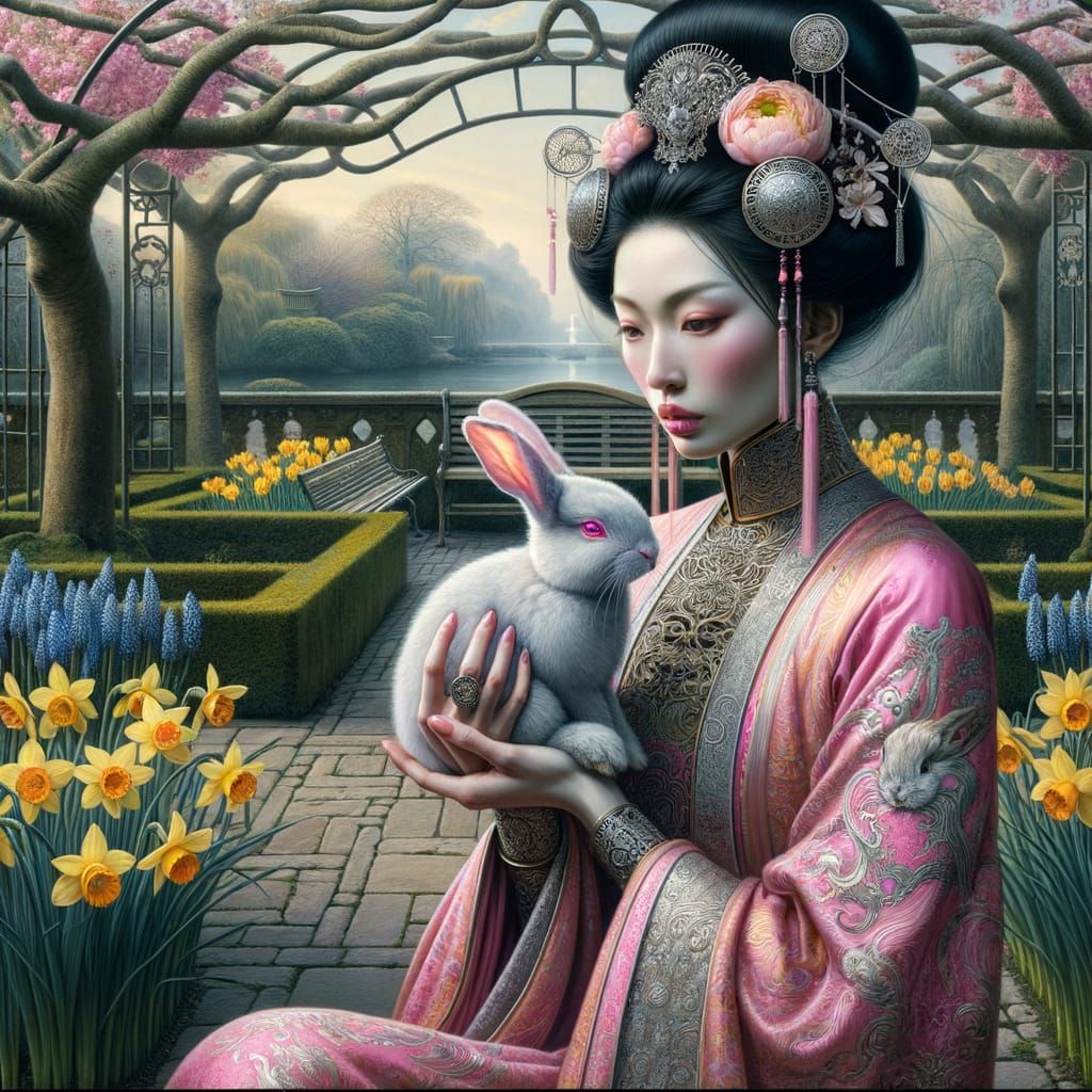East Asian Woman with Rabbit in Eldritch Art Nouveau Garden