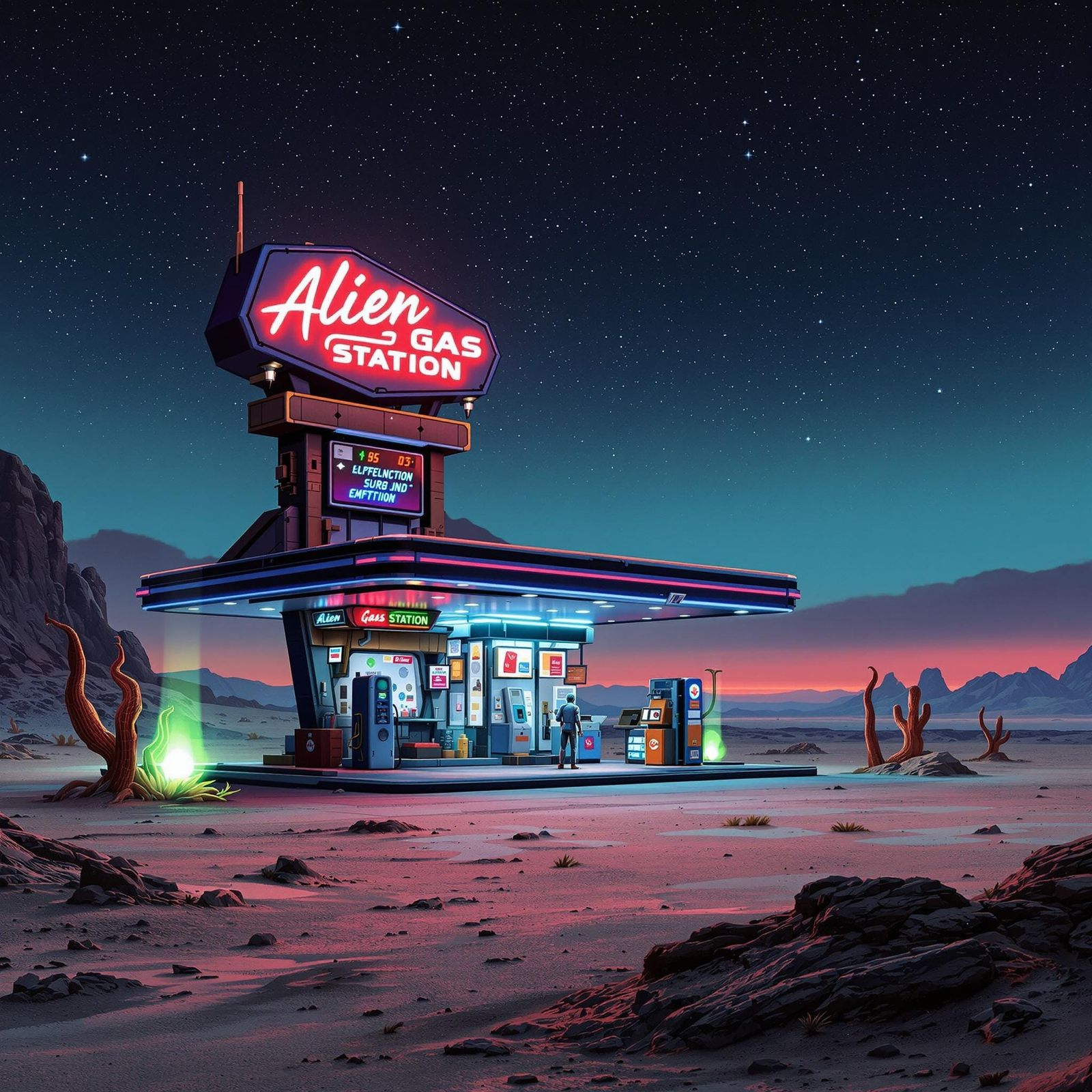 Retro-Futuristic Alien Gas Station on Barren Planet