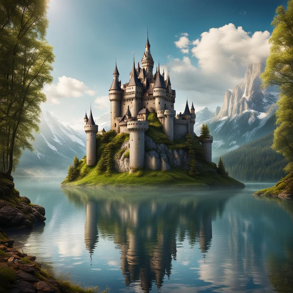 Fantasy Castle Floating Above Lake