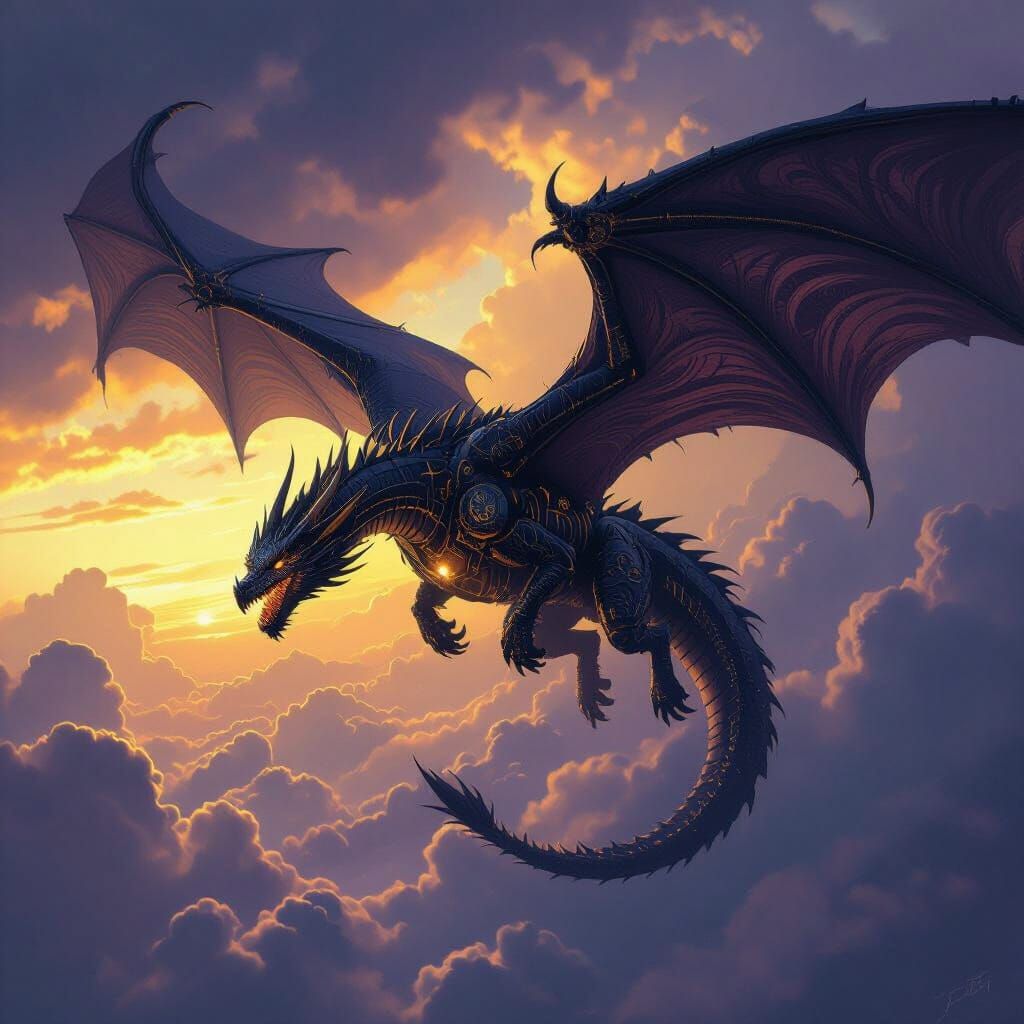 Steampunk Black Dragon Soaring in Stormy Sky