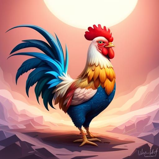 Rainbow Rooster Portrait in Whimsical Digital Art Style