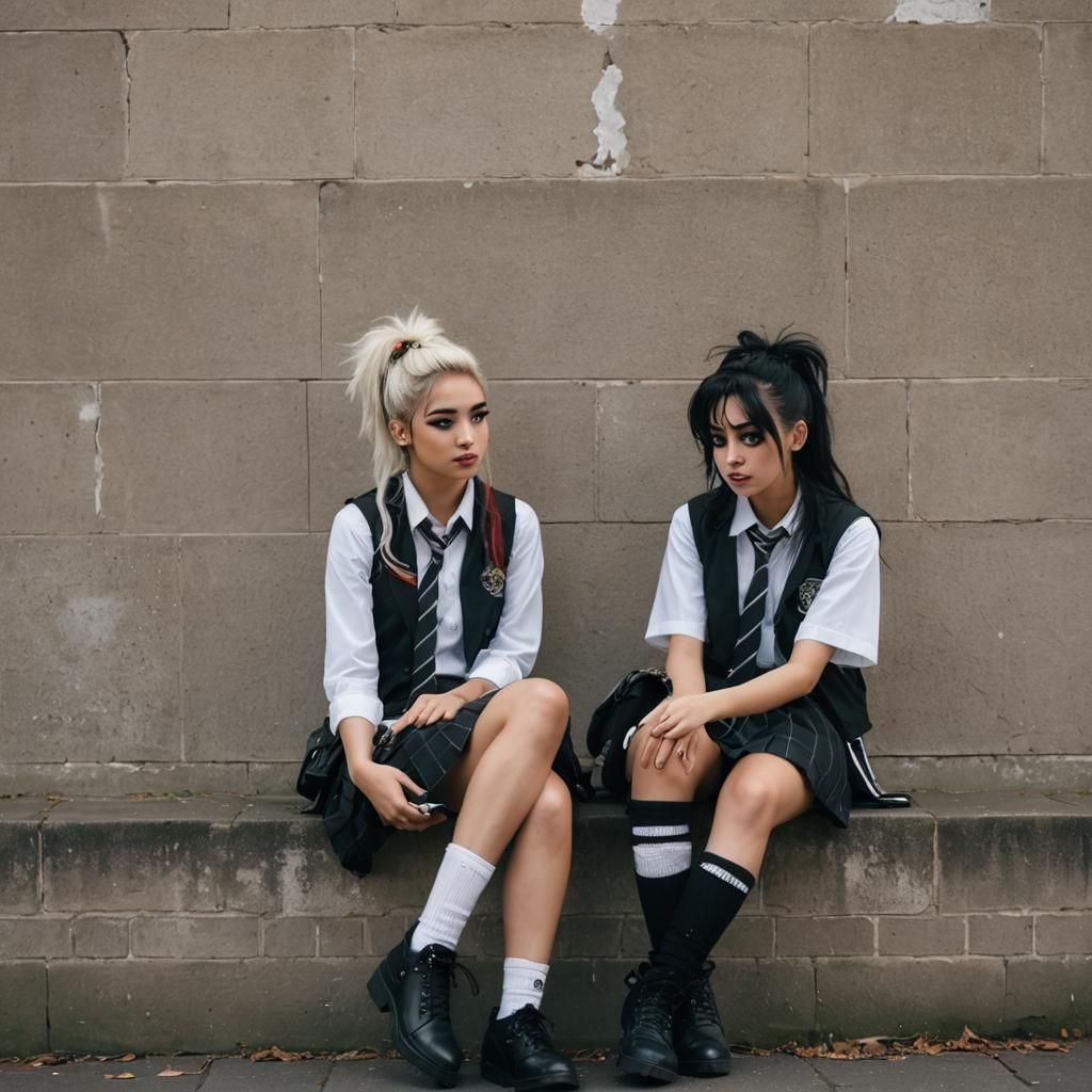 Punk Schoolgirls in Ripped Uniforms, Professional Photograph...