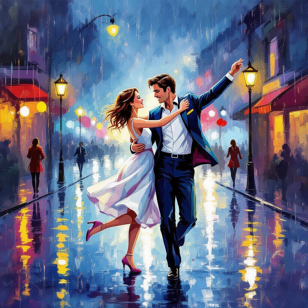 Couple Dancing in Romantic Rain, Impressionist Style