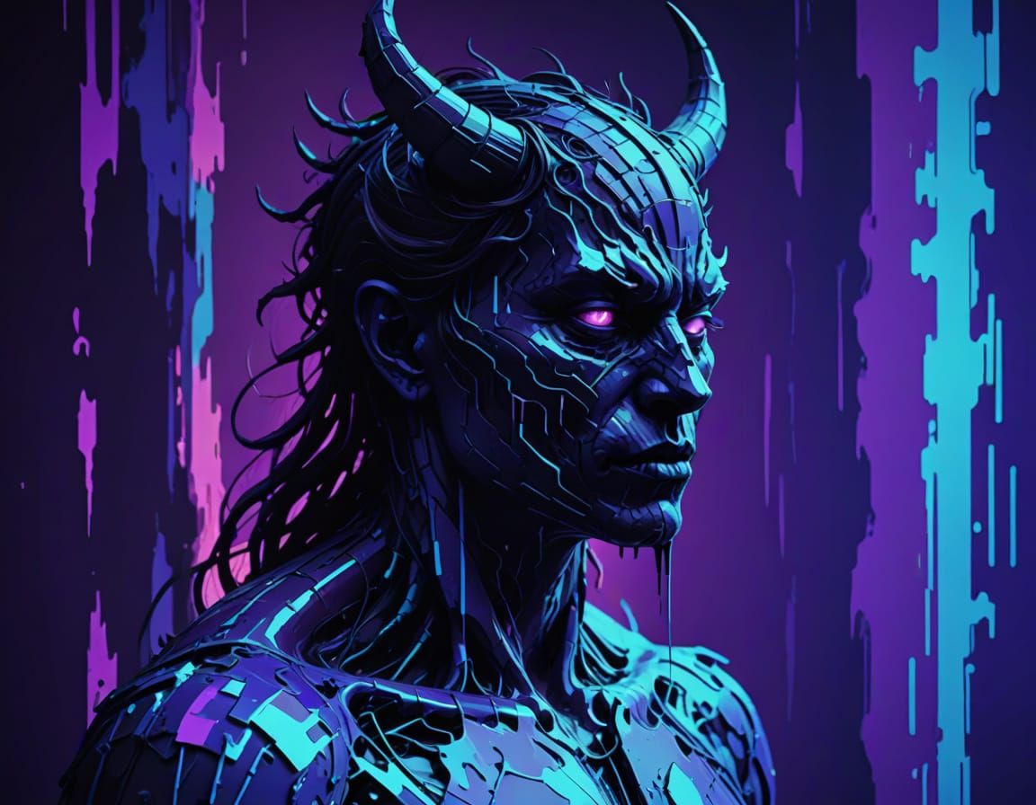 Glitch Art Demon Silhouette in Neon Hues