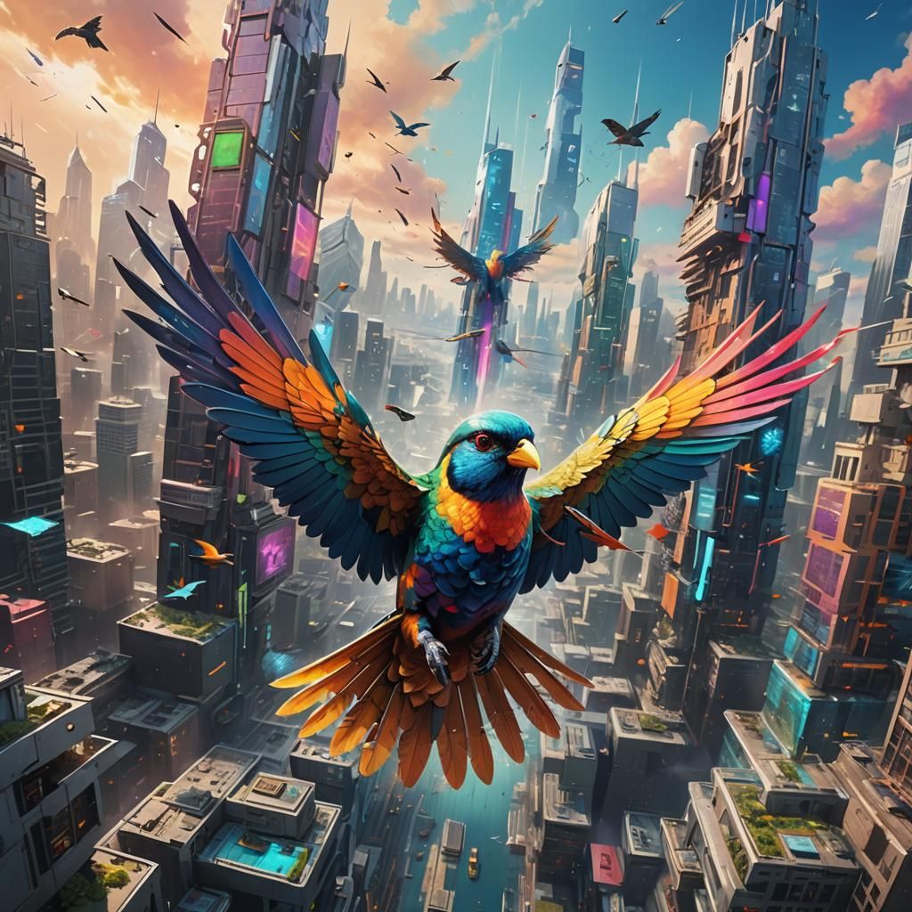 Colorful Bird Soaring Above Futuristic City as Splash Art