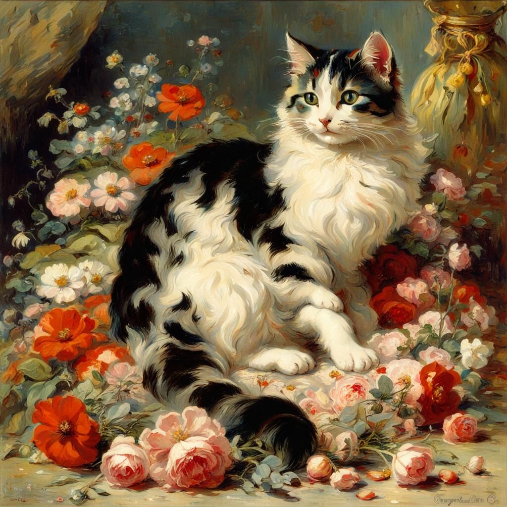 Cute Cat Surrounded by Flowers in Orientalist Style