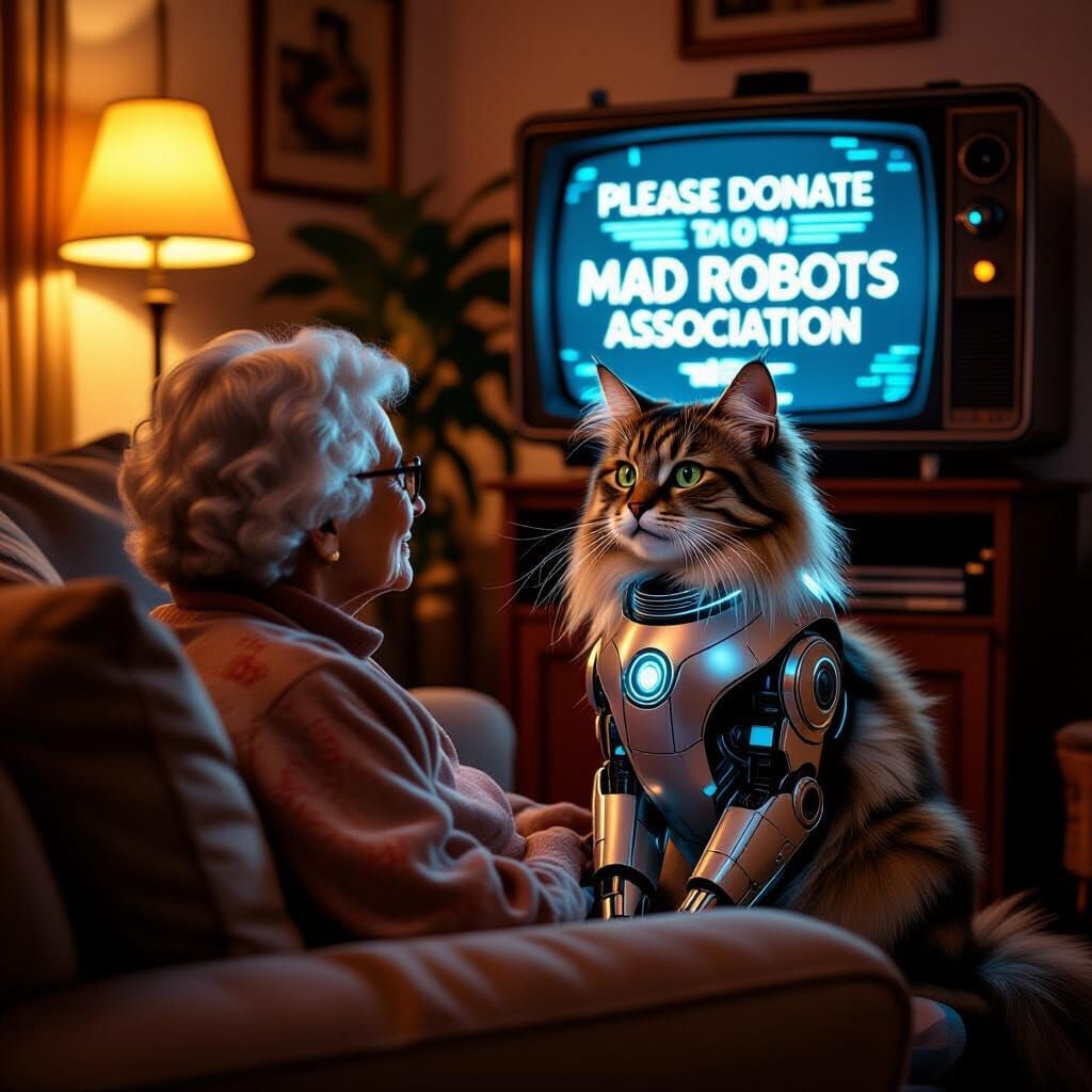 Robot Cat and Elderly Lady in Cozy Cyberpunk Setting