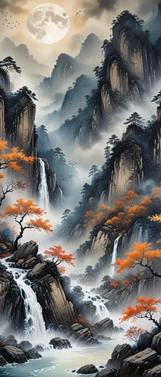 Fog rolling through the Mountain forest in the light of the ...