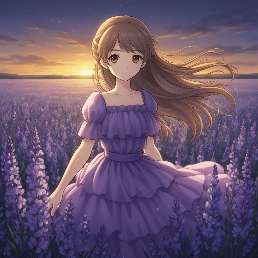 Anime-Realistic Woman in Field at Dusk