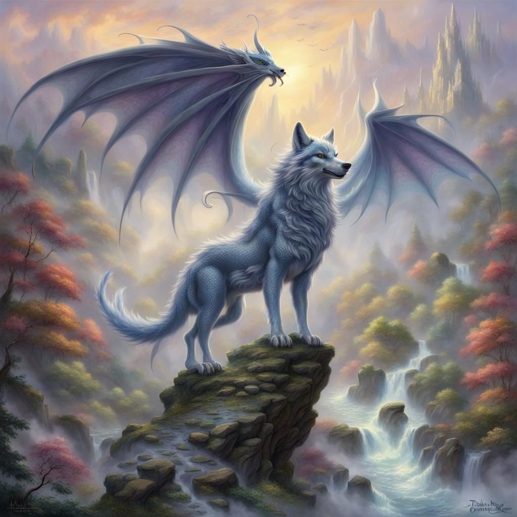 Ethereal Winged Wolf Dragon in Fantasy Landscape