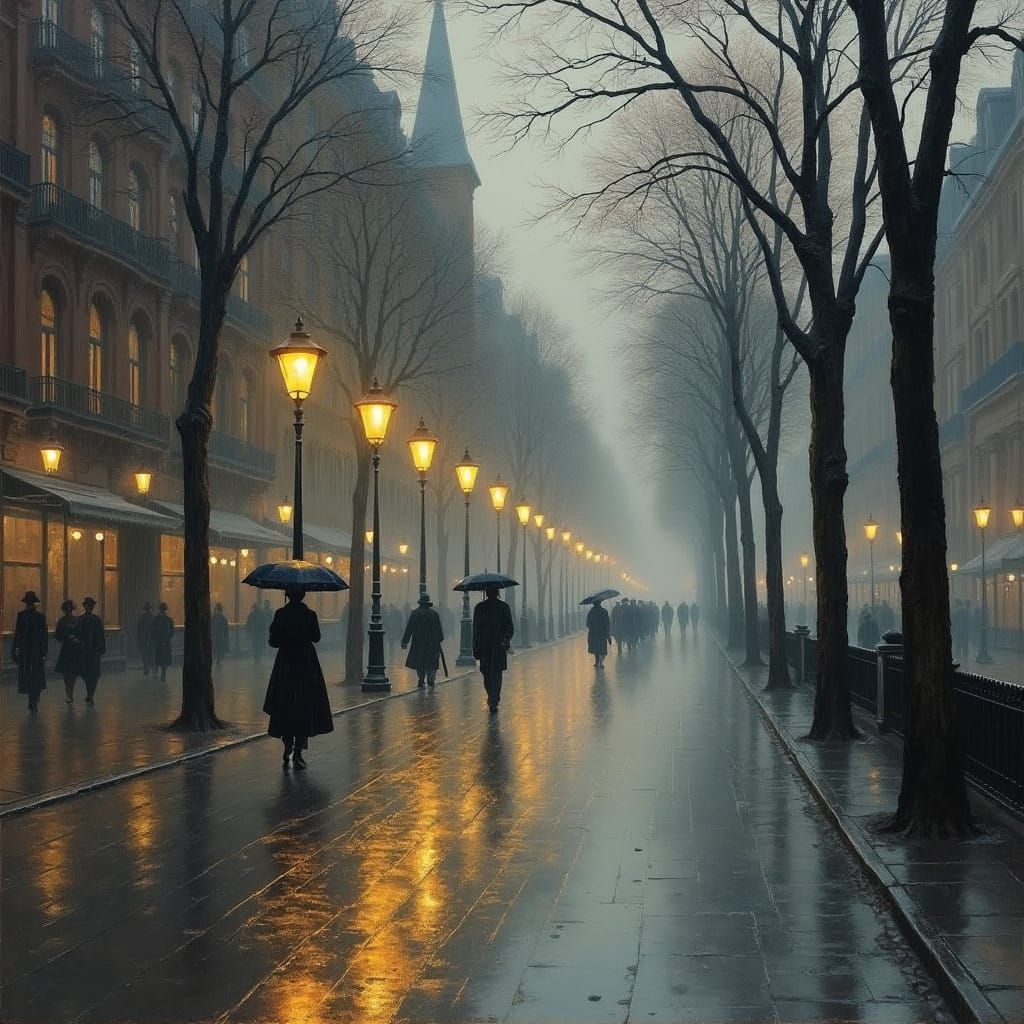 City Street at Dawn in Soft Rainy Light