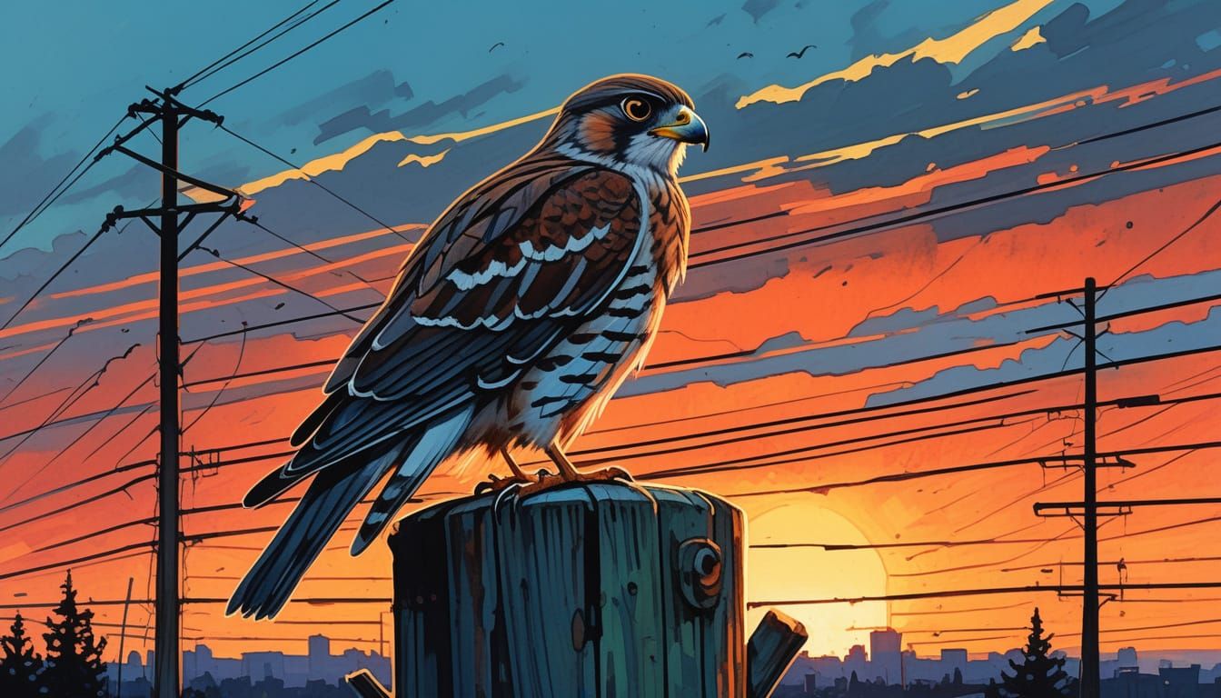 A Sparrow Hawk sitting on top of a Hydro pole staring at a Midwestern sunset.
