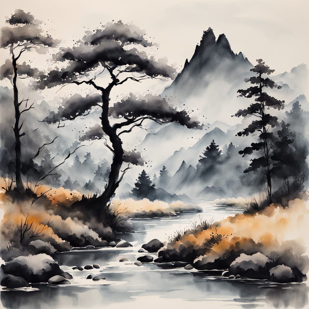 Serene Asian-Inspired Mountain Landscape in Expressive Sumi-...
