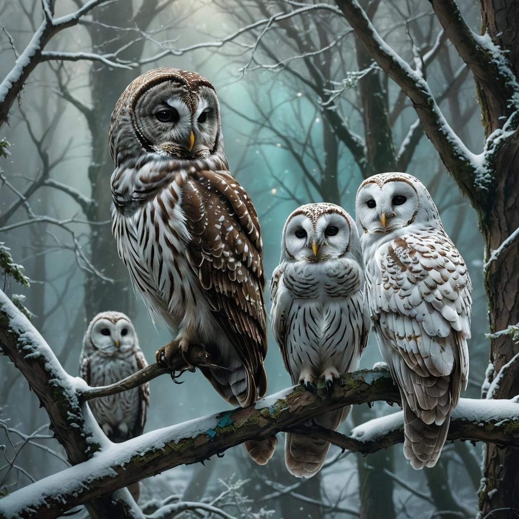 Fantasy Owls on Branch in Mystical Forest