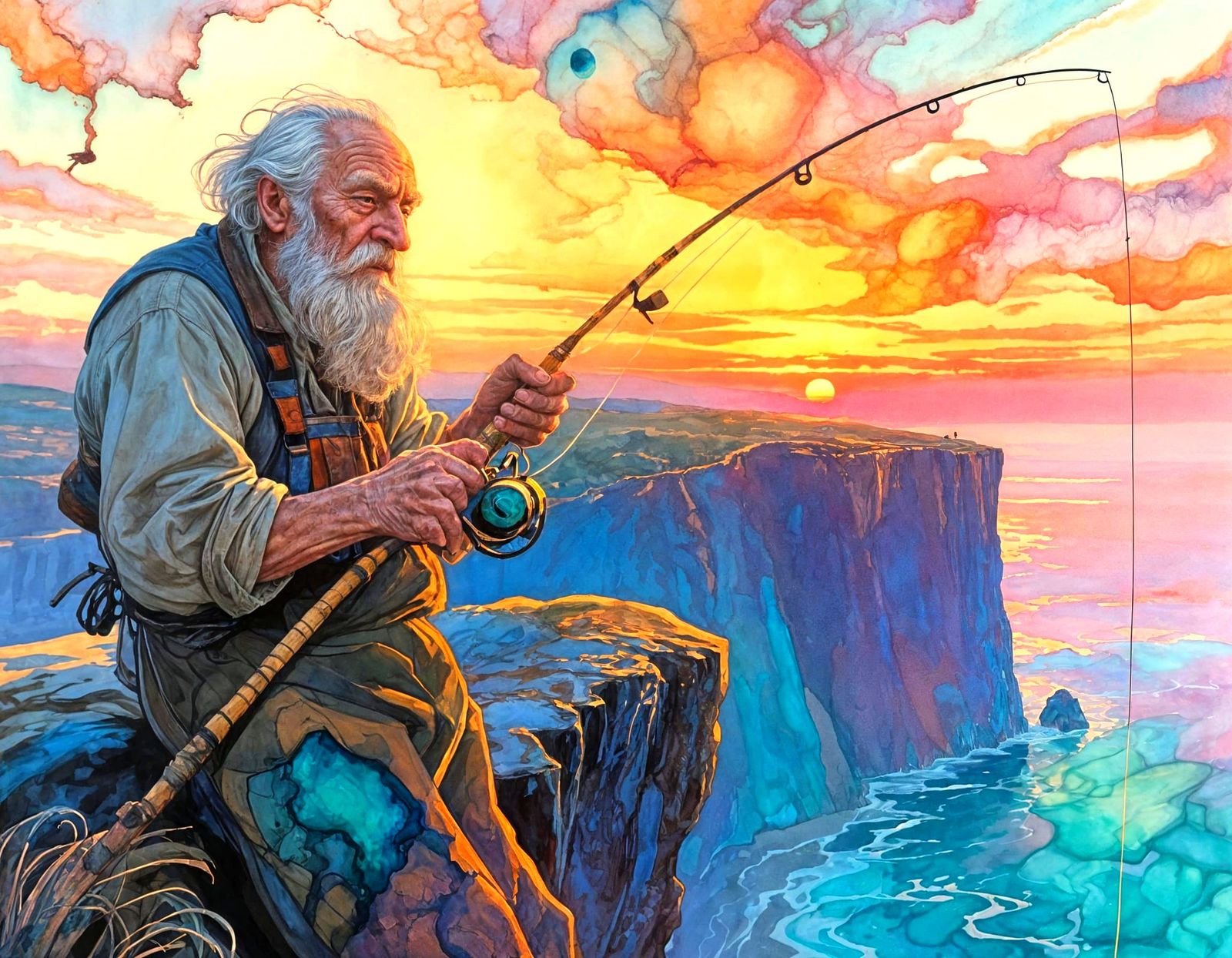 Old Fisherman at Sunset in Alcohol Ink Style