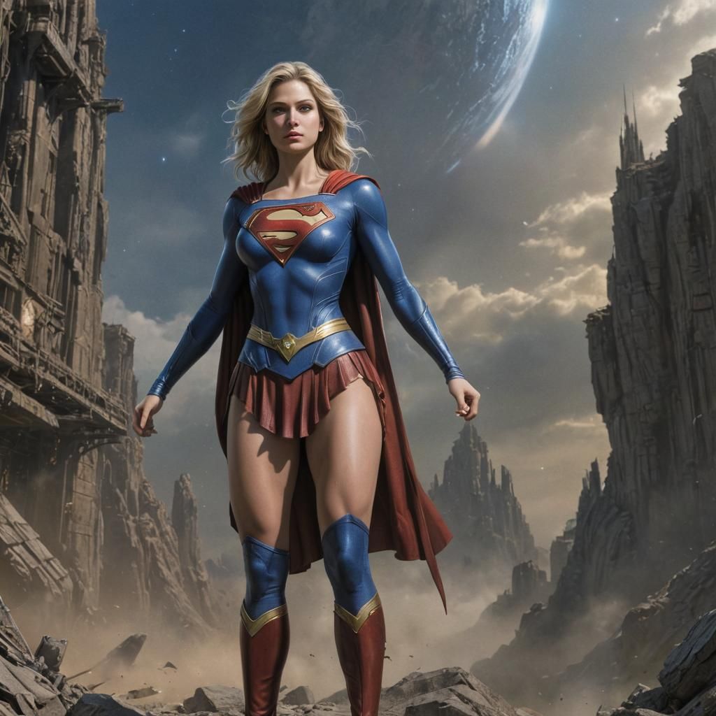 Galactic Superheroine in Vibrant Cosmic Landscape