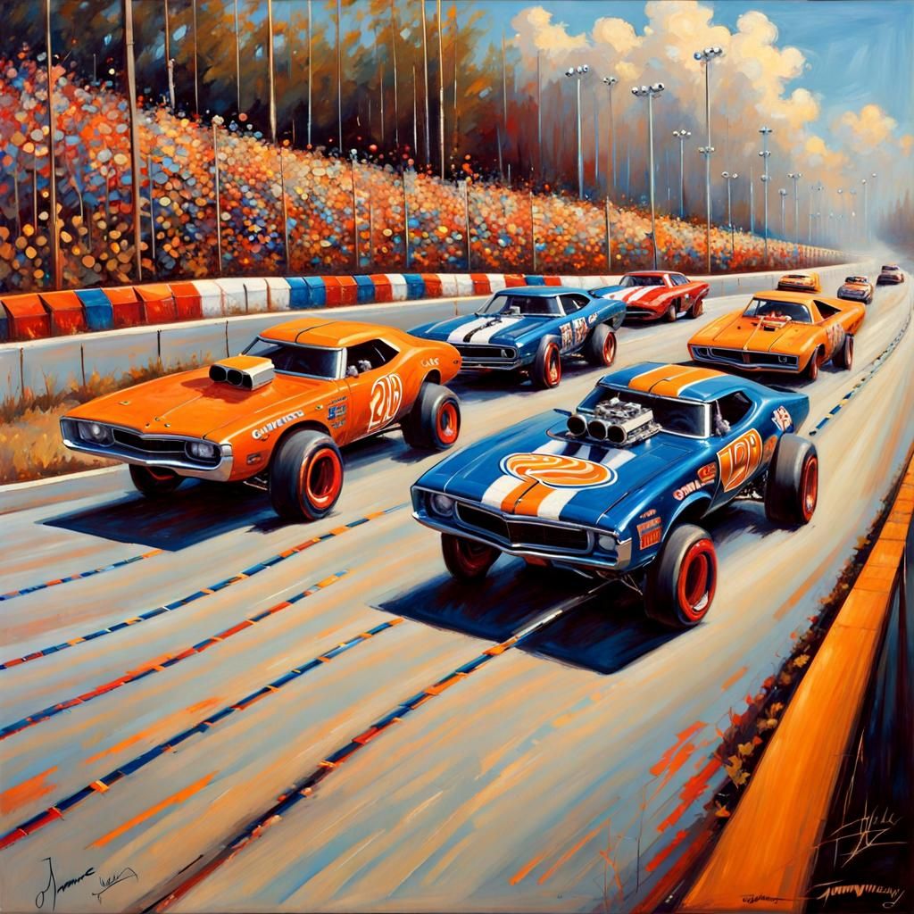 Hot Wheels Funny Cars Race: Oil Painting by Gurney