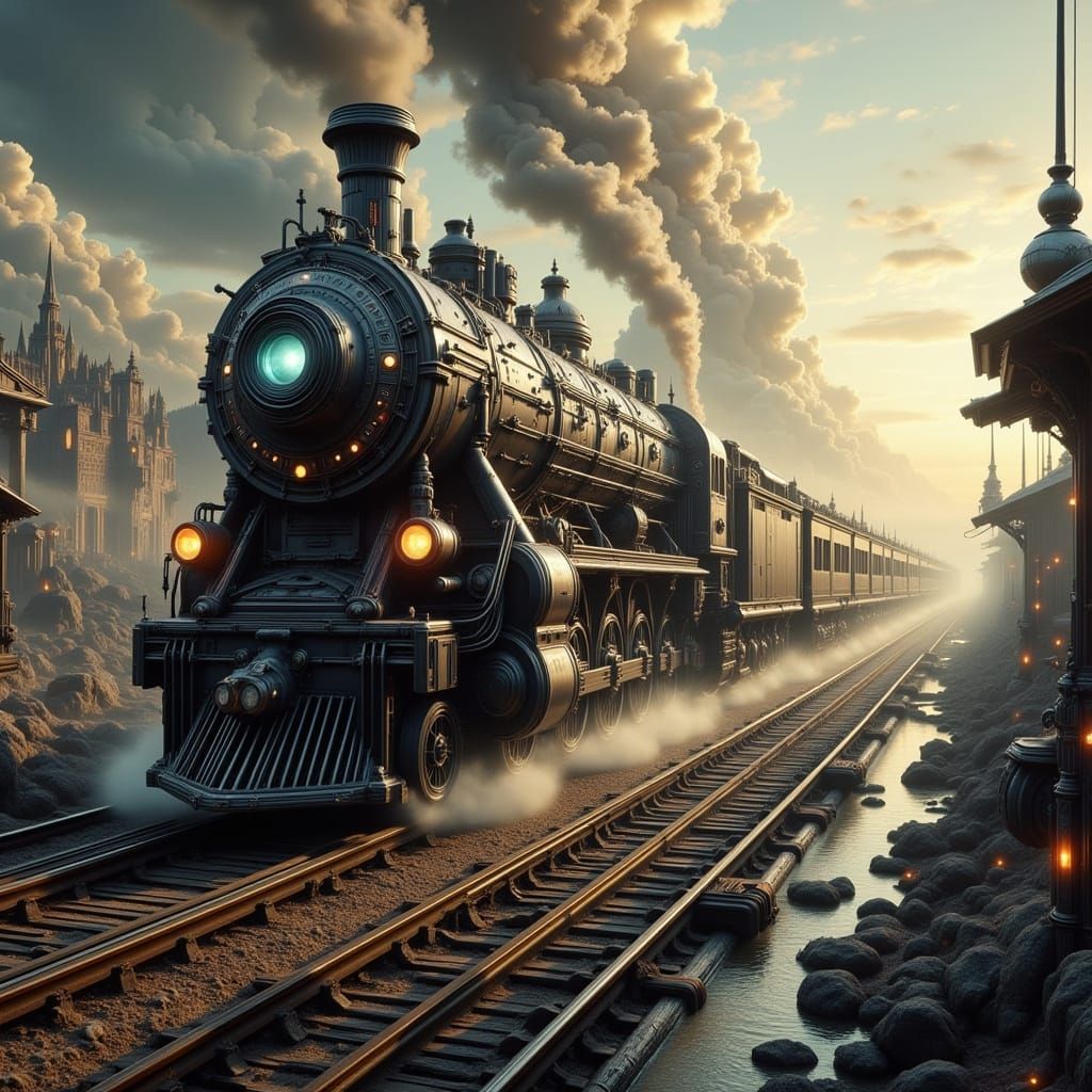 Futuristic Steam Train on Alien Planet with Passengers