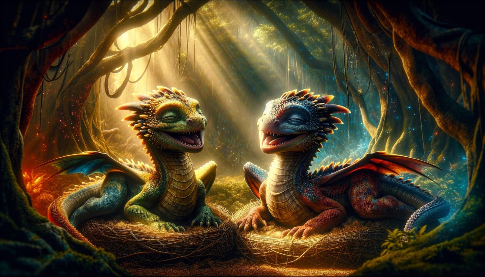 Joyful Twin Dragons in Forest Canopy