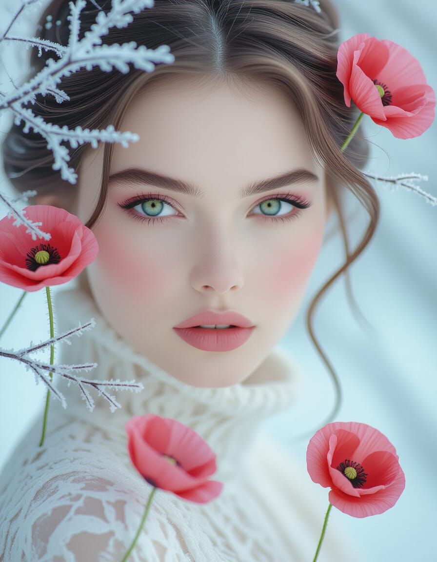 Ethereal Woman Portrait with Poppies in Winter Landscape