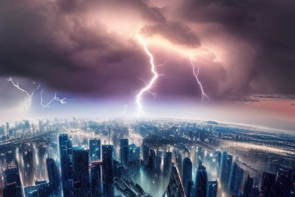 Dramatic Cloudscape Over Metropolis in Splash Art Style