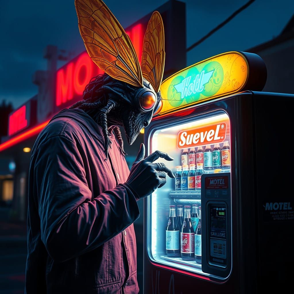 Mothman Sips Soda Under Glowing Motel Sign