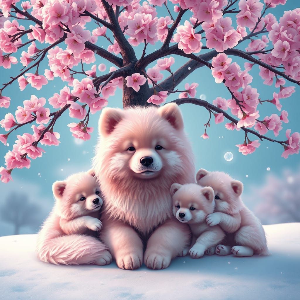 Fluffy Pink Dog Family Under Cherry Blossoms