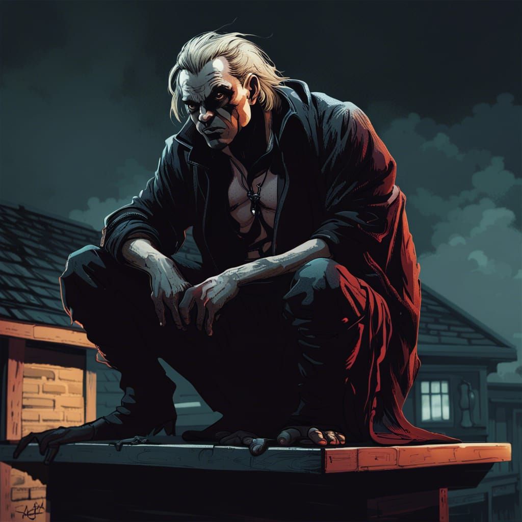 Gangrel Vampire Squatting on Roof in Dark Mood