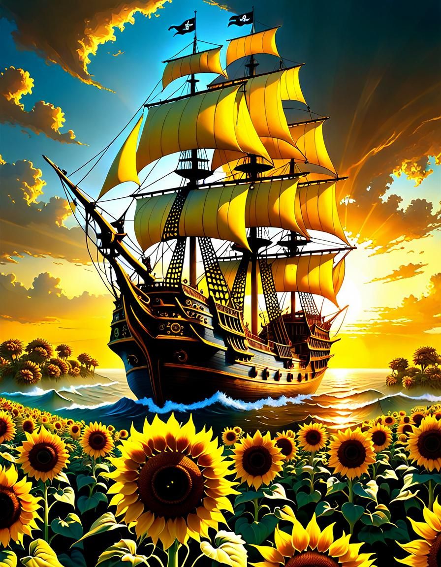 Sunflower Island Pirate Ship in Ornate Fractal Style