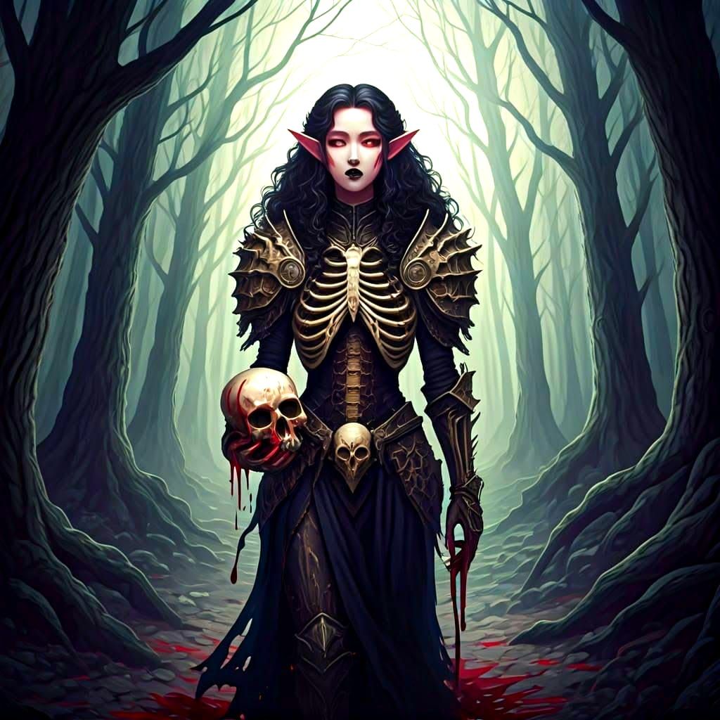 Anime Elf in Zombie Forest with Skull
