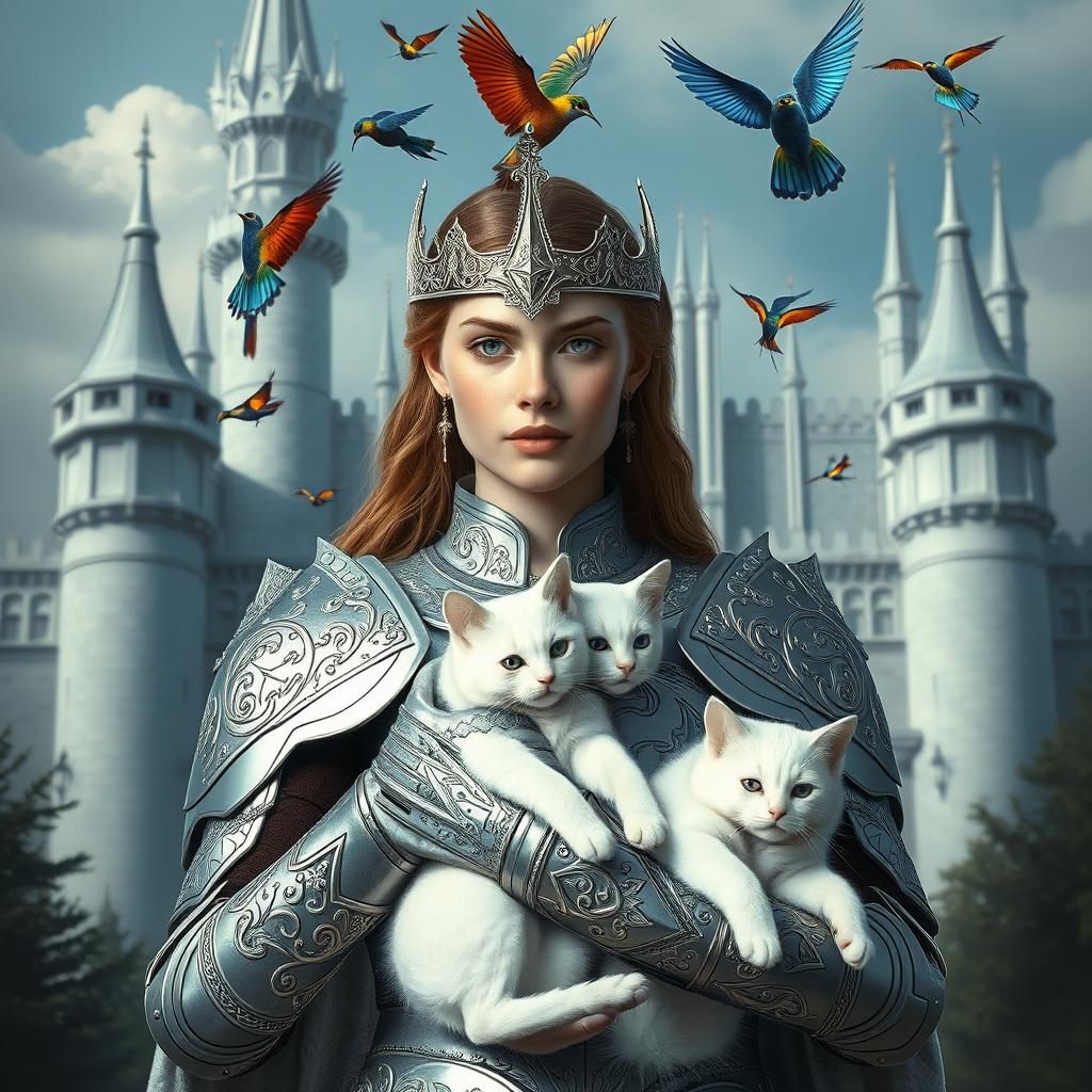 Princess in Silver Armor with White Cats