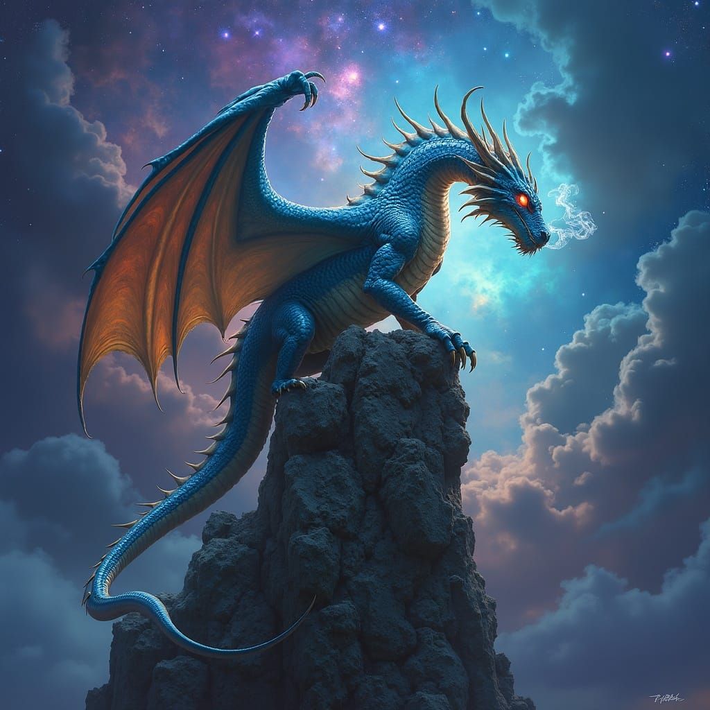 Fantastical Dragon on Ancient Tower Under Nebula Sky