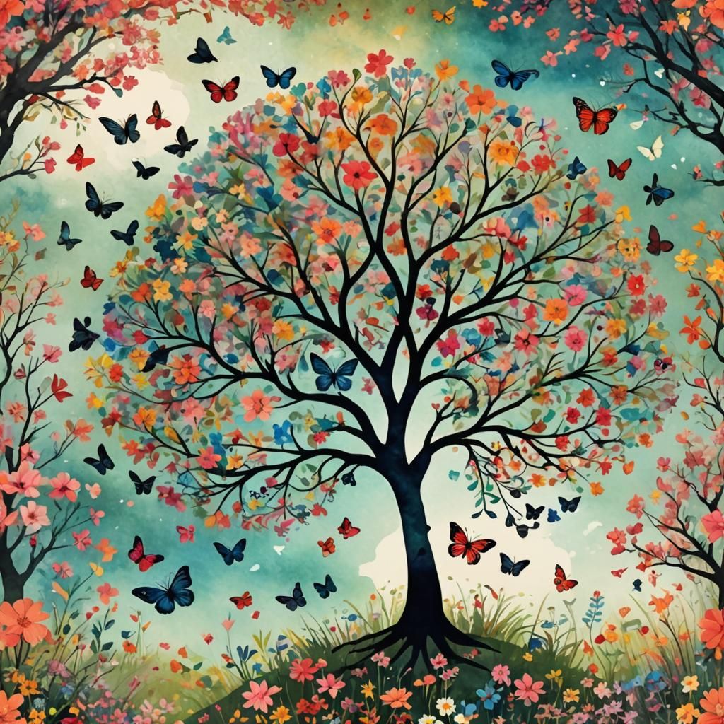 Cosmic Tree of Life with Blossoms in Cubist Style