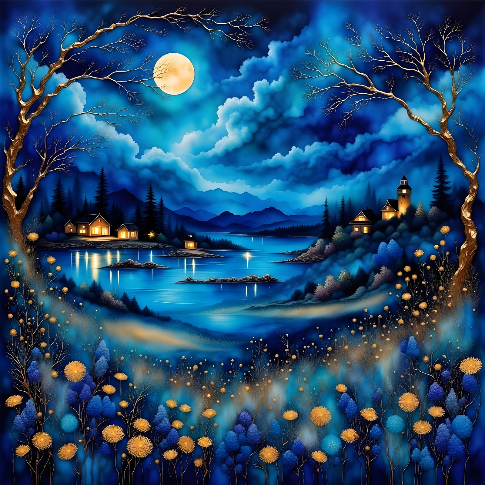 Night Blue Landscape with Golden Touches