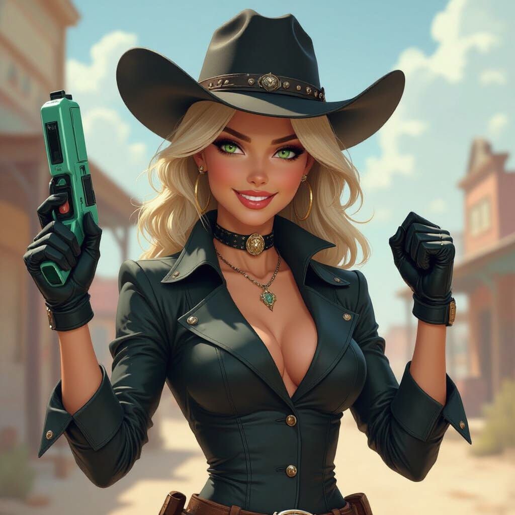 Cowgirl Lola with Futuristic Device in Sun-Bleached Town